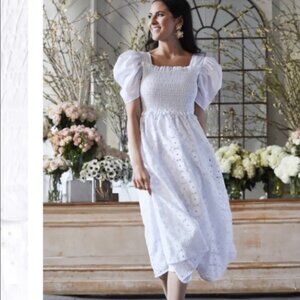 Rachel Parcell White Smocked Square Neck Puff Sleeve Dress